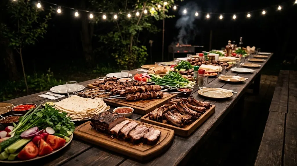 Длинный стол на компанию с шашлыком, грудинкой, рёбрами и овощами
