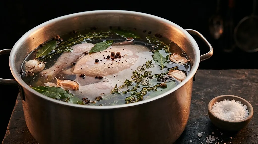 Целая курица в рассоле с лавровым листом, перцем и чесноком